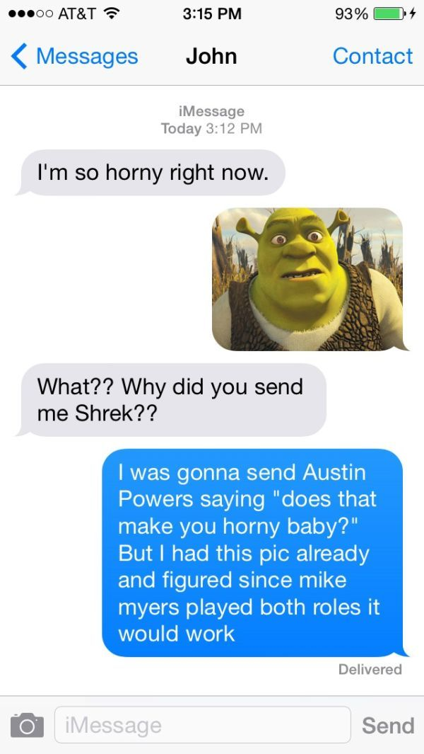Why did you send me a picture of Shrek? I was gonna send Austin Powers, but I figured since Mike Myers played both roles it would work